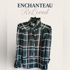 Cabi Cake Pleated Neck-Tie Dream Girl Pink Green Plaid Ruffle Blouse, Size S